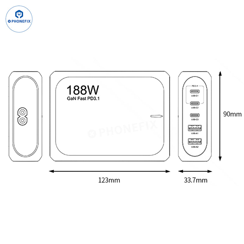 188W GaN Charger Phones Laptops PD3.1 Fast Charging Station