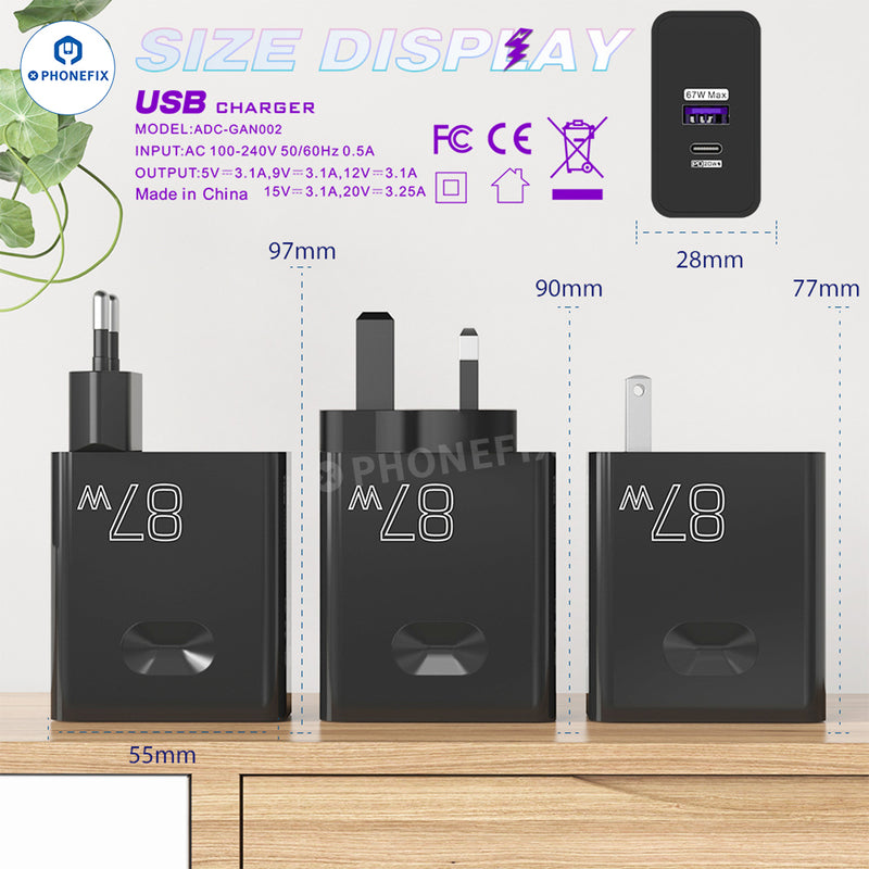 87W Full Protocol Super Fast Charging USB Dual Fast Charger Adapter