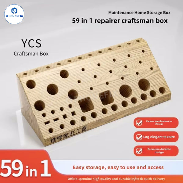 YCS 59-In-1 Wooden Storage Box Screwdriver Tweezers Tools Organizer