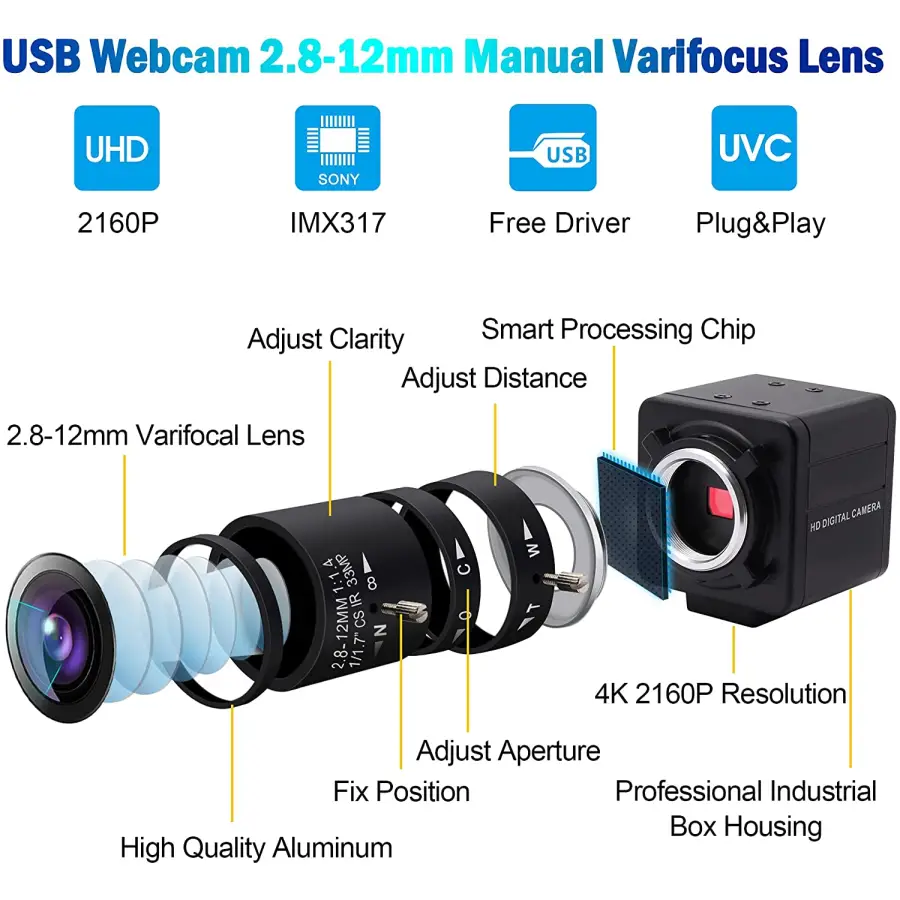 4K 8MP HD Varifocal Webcam Optical Zoom USB Web Camera