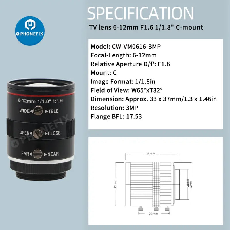 6-12MM Industrial Camera Lenses 1/1.8 6mm F/1.6 C-Mount -