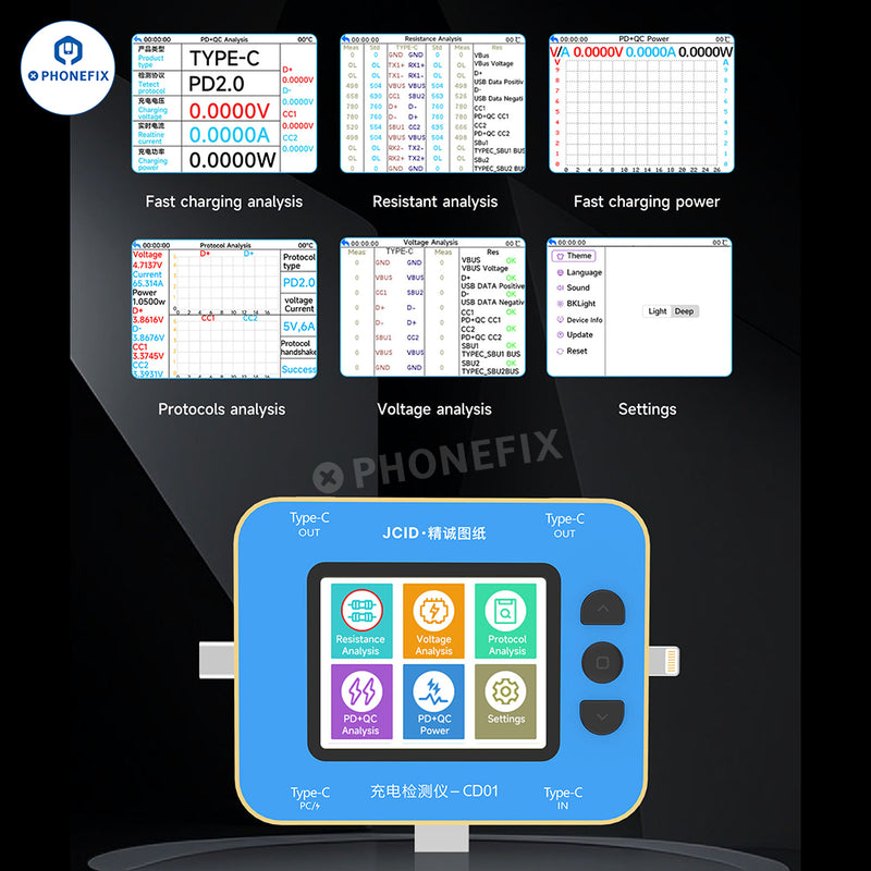 JCID CD01 Charging Detector With JC Drawing Type-C Lightning Port