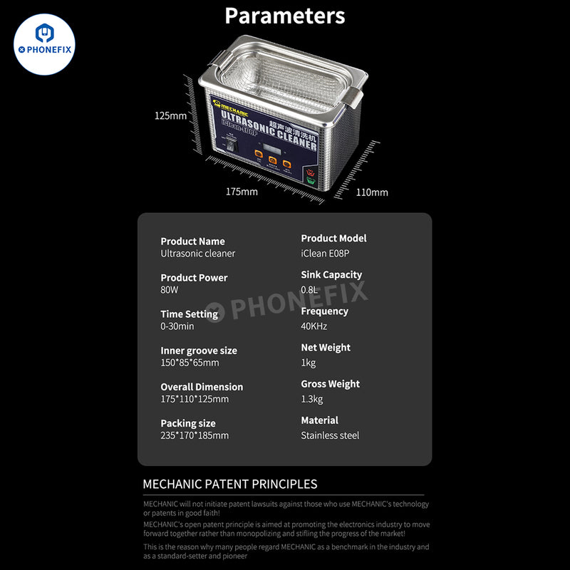 MECHANIC iClean-E08P Ultrasonic Cleaner PCB Camera Glasses Cleaning