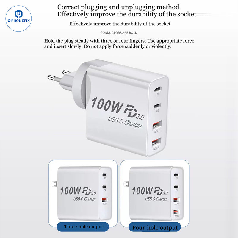 GaN PD-100W Charger with Convertible Plug for Laptops and Mobile Phone