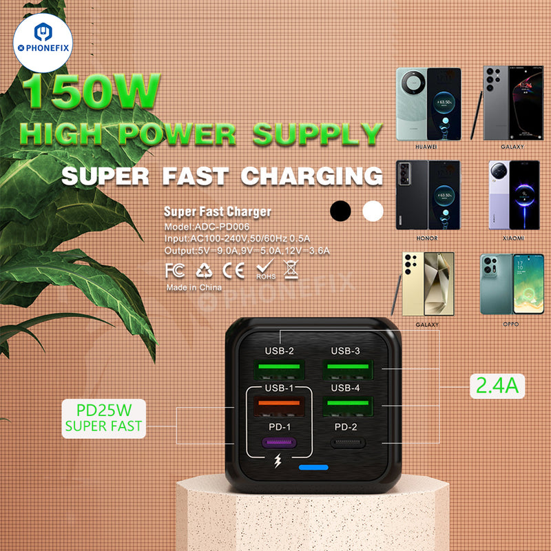 150W Multi Port Fast Charger Adapter Portable Travel USB Charger