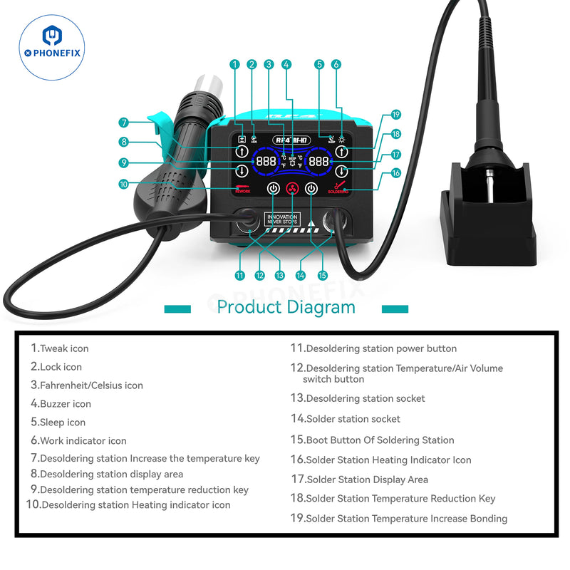 RF-H6 RF-H7 Hot Air Soldering Iron 2 in 1 Station Digital Touch Display