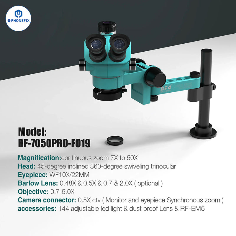 RF4 RF7050PRO FO19 Trinocular Stereo Microscope With Folding Swing Arm