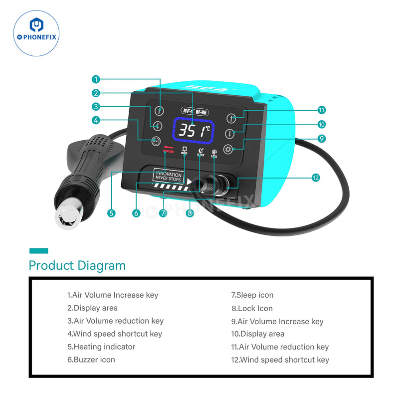 RF-H6 RF-H7 Hot Air Soldering Iron 2 in 1 Station Digital Touch Display