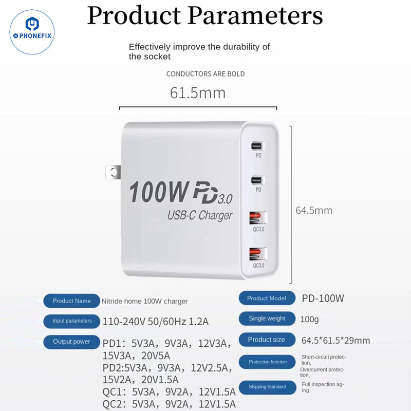 GaN PD-100W Charger with Convertible Plug for Laptops and Mobile Phone